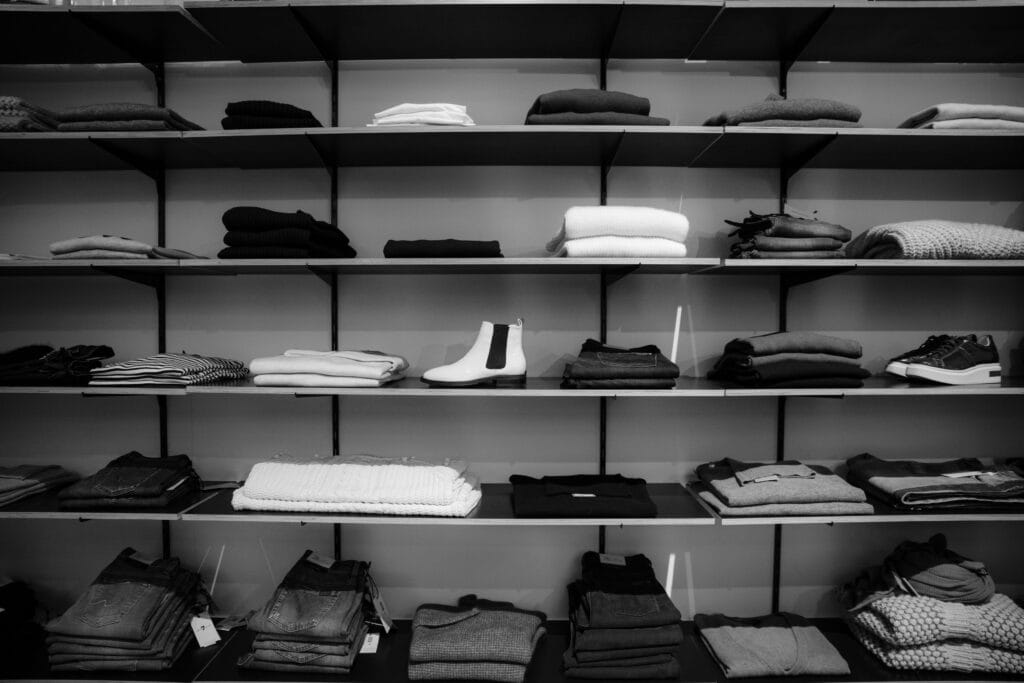 pexels-photo-1884581-1884581 Neatly folded clothing and shoes displayed on shelves in a boutique setting.
